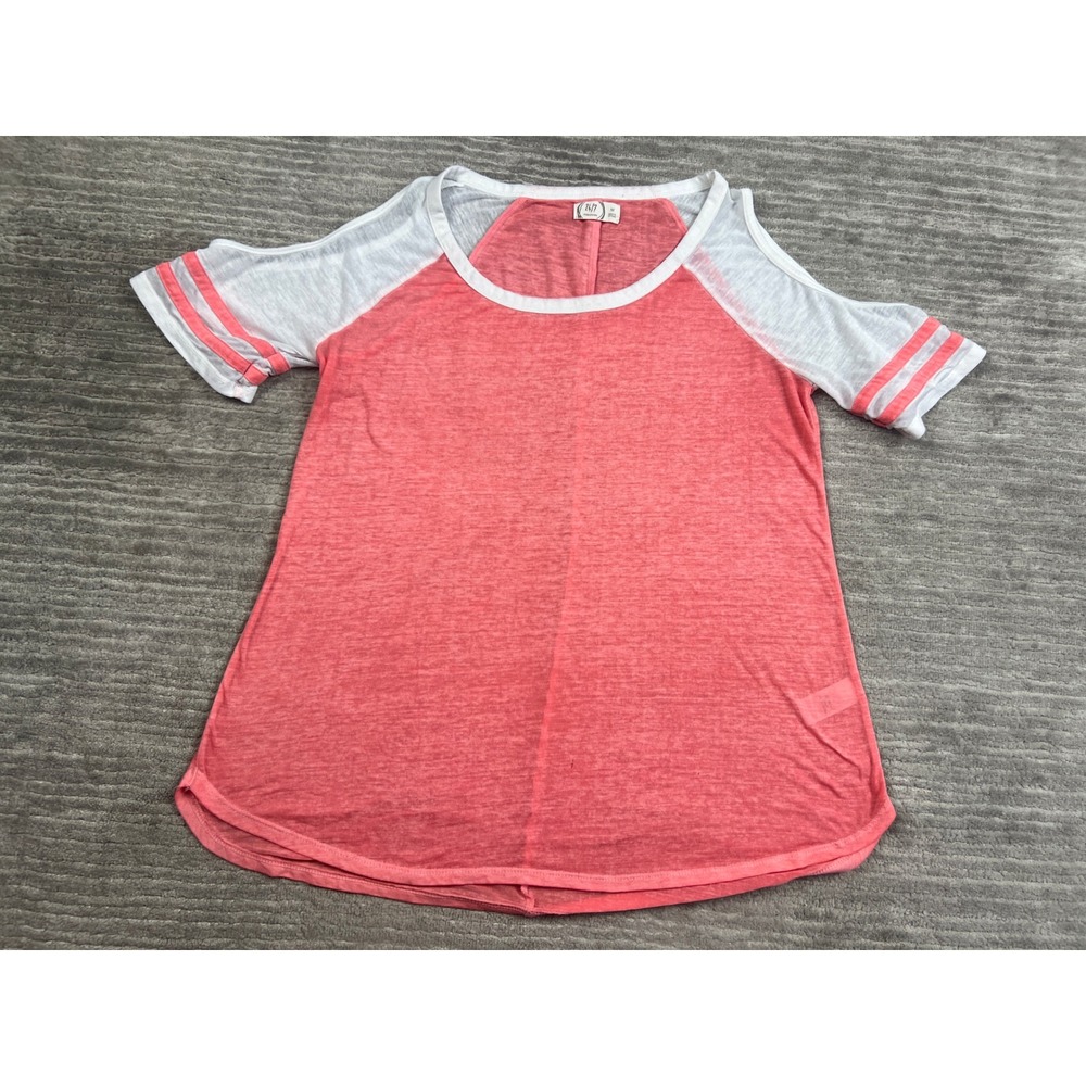 Maurices T-Shirt Womens Medium Coral 24/7 Cold Shoulder Raglan Slub Knit Stripe